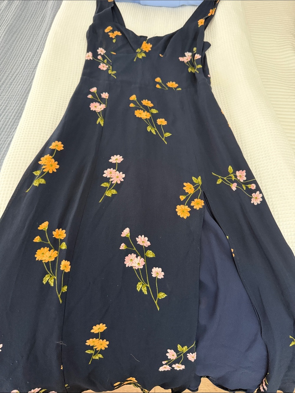 Reformation Navy Midi Slip Dress with Pink & Yellow Floral Print